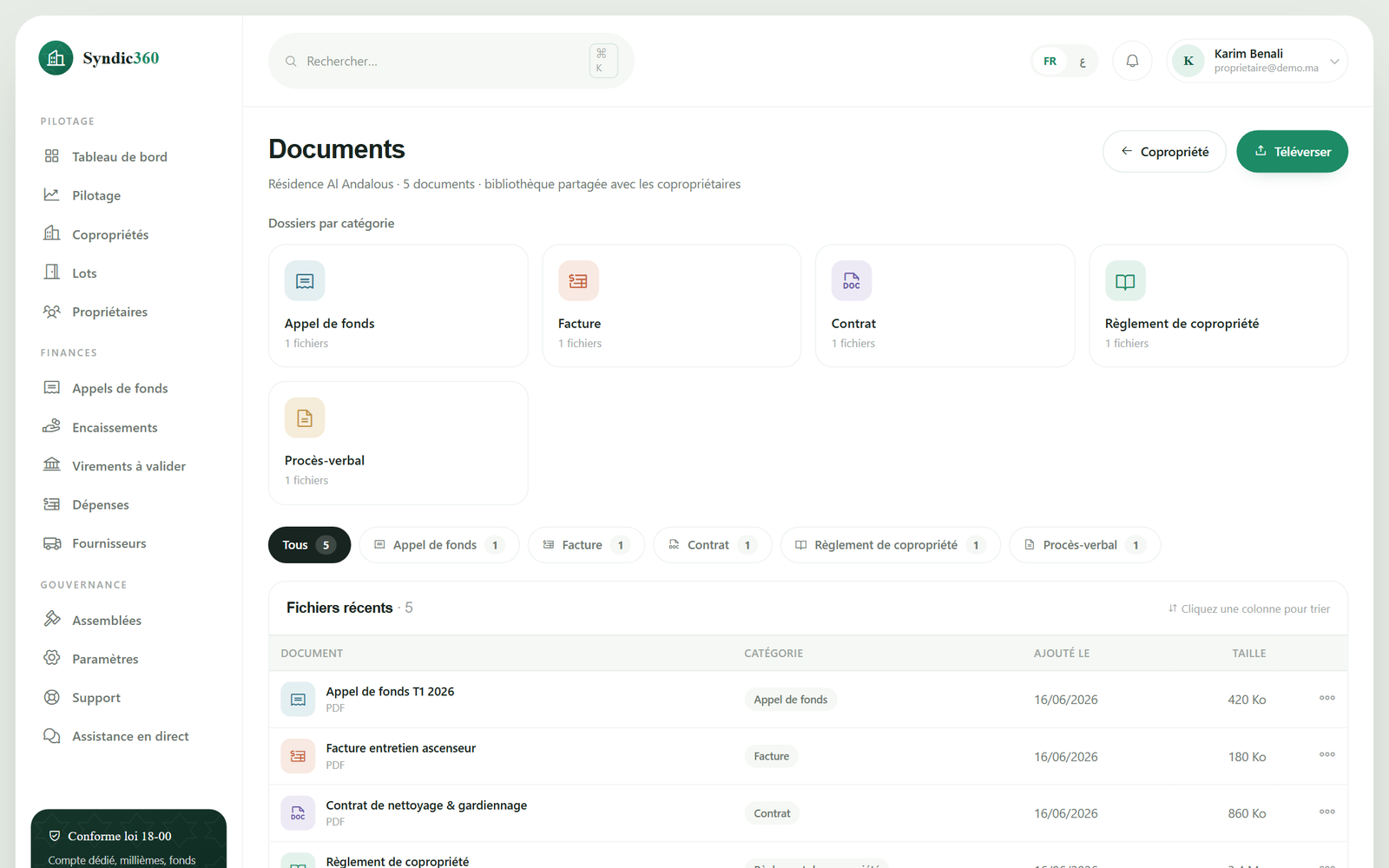 La bibliothèque de documents, organisée par catégorie et partagée avec les copropriétaires.