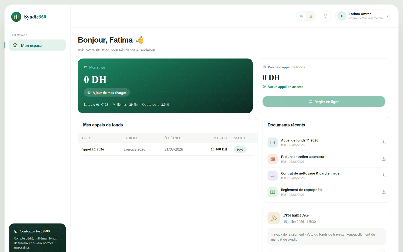 L'espace copropriétaire : solde, appels de fonds, documents et paiement en ligne.